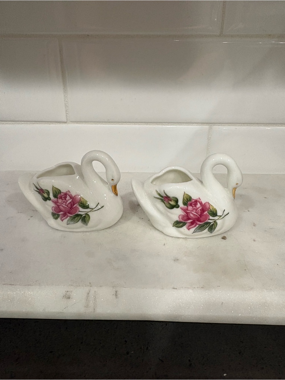 Pair of White Ceramic Mini Swan Planters with Pink Rose